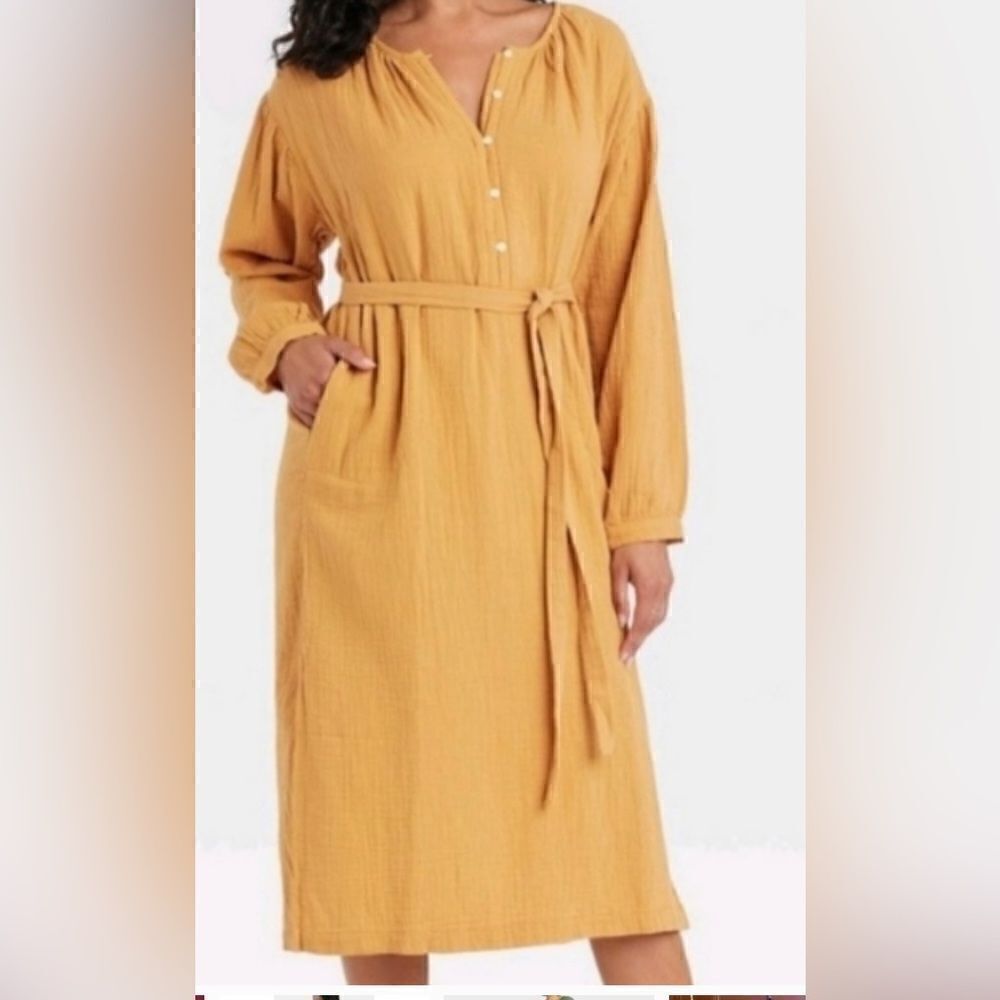 Universal Thread Long sleeve Shirtdress Tie front Pockets Midi Gold NWT XS or S - Picture 3 of 12